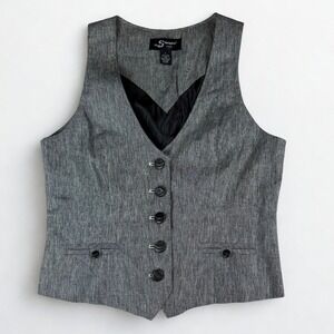 Sharagano Studio Vest Womens L Gray Linen Blend Leather Button Front Waistcoat